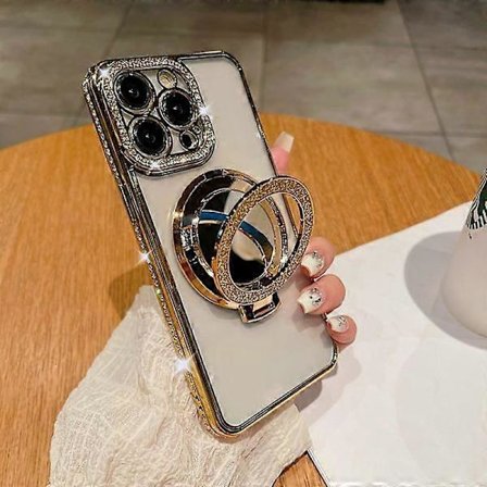 RYI_Transparent Magnetisk Glitter Flip Makeup Spejl Holder Telefon Cover Kompatibel med iPhone 16 15 14plus Promax guld til kompatibel med iPhone 16
