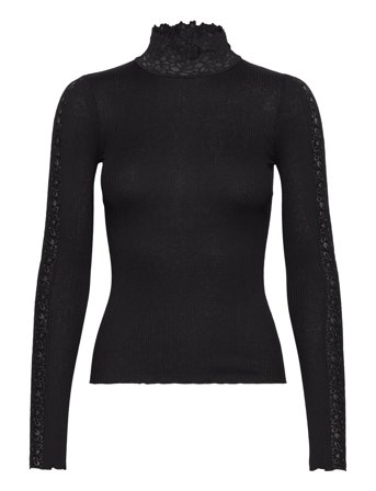 Rwbeatha Silk Ls Lace T-Shirt Black Rosemunde