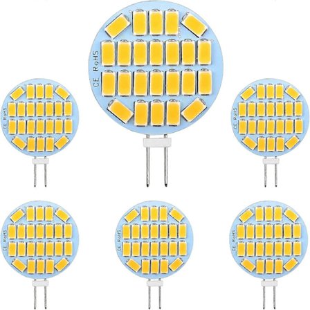 6 stk. G4 LED 3W, AC12-24V, 300LM Varmhvit 3000K, 24x5730 SMD, tilsvarende 30W halogenpære, ikke dimbar, G4 LED rund innfelt
