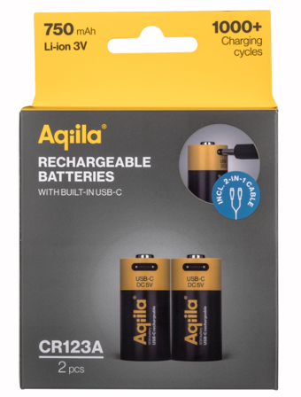 Aqiila USB-C Rechargeable Battery, Size CR123A, 750 mAh (2-pack)