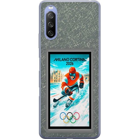 Kompatibel Mobilcover til Sony Xperia 10 III Lite Curling illustration med spillere og sten på isen, Milano Cortina 2026, snedækkede stænk og olympisk