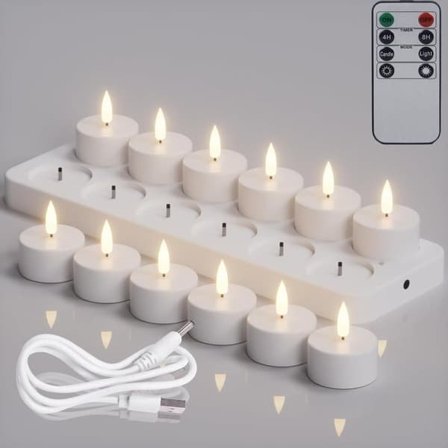 6/12 stk. genopladelige LED fyrfadslys uden flamme – med fjernbetjening og timer, batteridrevne lys til Halloween og festdekoration