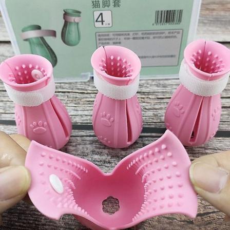 Cat Claw Protector Bad Anti-ridse Kattesko til kat Justerbare kæledyrsbadevaskestøvler Cat Paw Negle Cover Pet Grooming Supplies Pink (4 pieces)