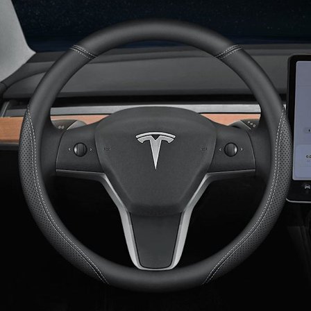 Passar Tesla Model 3/Y/Model X/S rattöverdrag - Tesla special rund (vit linje) utan etikett - 36cm/1 remsa