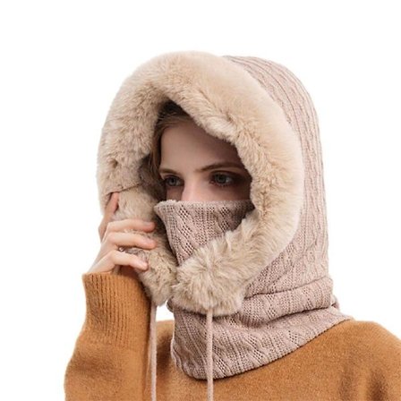 Vinter Pels Hue Maske Sæt Hætte Til Kvinder Strikket Kasmir Hals Varmt Rusland Udendørs Ski Vindtæt Hat Tyk Plys Fluffy Beanies
