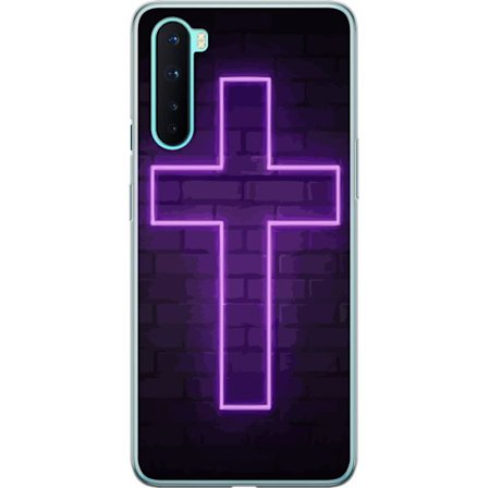 Yhteensopiva Puhelinkuori OnePlus OnePlus Nord Neonristi purppuranvalossa tummaa tiiliseinää vasten, symbolinen motiivi vahvalla hohto moderni estee