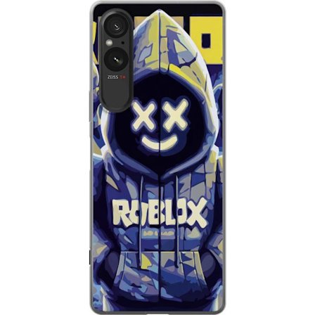 Kompatibelt Mobildeksel til Sony Sony Xperia 5 V Blågul Roblox hettegenserfigur med minimalistisk neonstil og masket ansikt, moderne spillillustrasjo