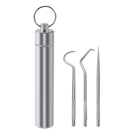 Tannpirkere i rustfritt stål, sett med 7 stk, gjenbrukbare metalltannpirkere for utendørs bruk