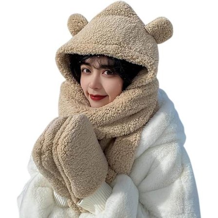 Hue Kvinder Teenager Pige 3 i 1 Hue Halstørklæde Vanter Plys Tyk Varm