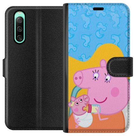 Kompatibelt Lommeboketui til Sony Xperia 10 IV Peppa Gris familie motiv med mor gris, far gris og venner, fargerikt tegnet barnebilde