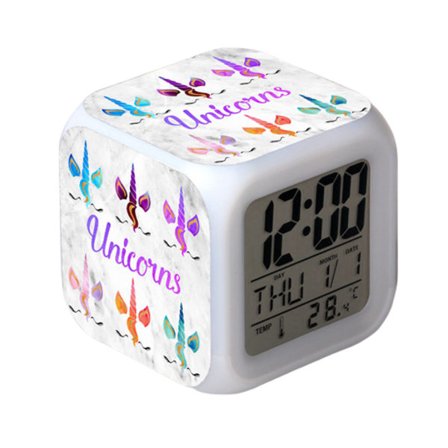 Wekity Enhjørning Fargerik Vekkerklokke LED Kvadratklokke Digital Vekkerklokke med Tid, Temperatur, Alarm, Dato