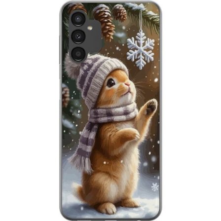 Samsung Galaxy A04s Genomskinligt Skal Vinterkanna med mössa och halsduk beundrar en snöflinga, ett varmt och charmigt vintermotiv fyllt av julkäns