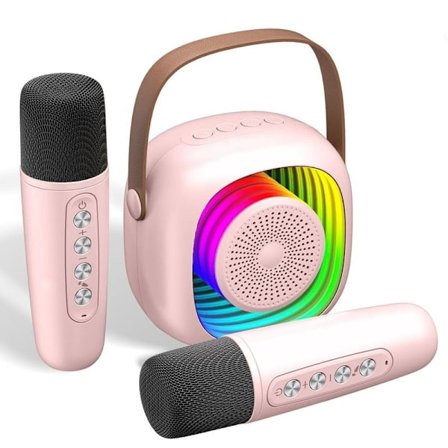 Mini Karaoke-maskine til børn, bærbar Bluetooth-højttaler med 2 trådløse mikrofoner, pink