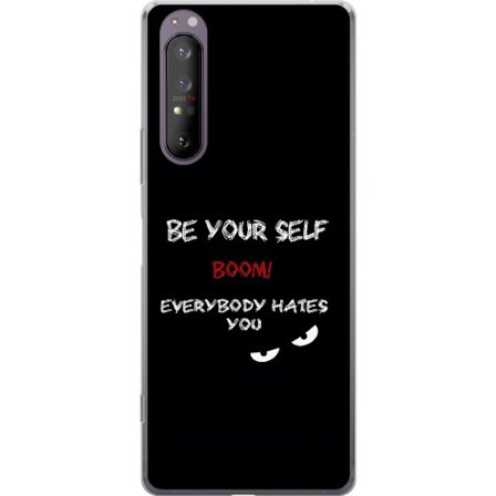 Yhteensopiva Puhelinkuori Sony Xperia 1 II Tumma minimalistinen tekstillustraatio ironisella viestillä ja uhkaavan silmien mustalla kontrastilla
