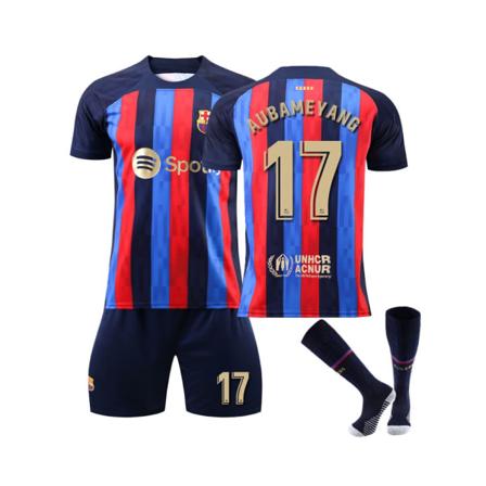 FC Barcelona Home Kit 2022/2023 Aubameyang No.17 Fotbollströja 3-delade kit för barn Vuxna Purpurowy XXL
