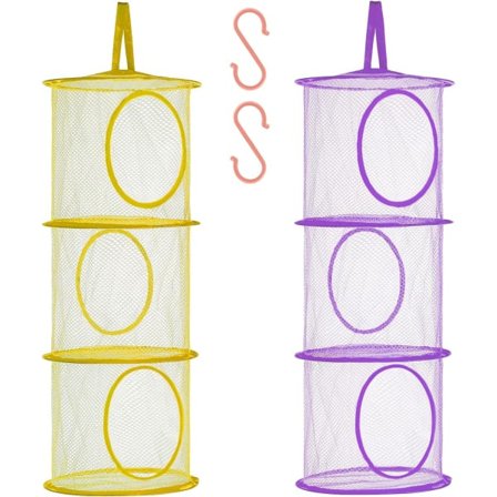 Vikbart hängande mesh Space Saver Bags Organizer, fack Hängande gosedjursförvaring för barn, 2pack (3-vånings-gul och lila)