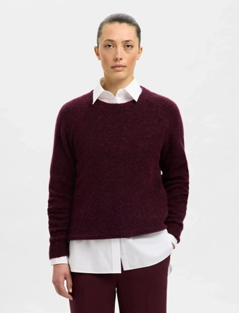 Selected Slflulu Ls Knit O-Neck Noos - Burgundy - L