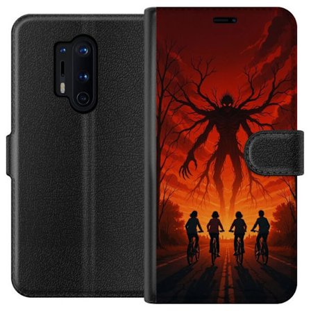 Kompatibelt Plånboksfodral till OnePlus OnePlus 8 Pro Mörk Stranger Things-inspirerad skräckillustration med röd himmel, monsterfigur och cyklande