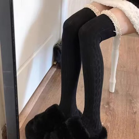 musta; Koko: Yksi koko - Naisten seksikkäät polvisukat pitsillä, rennot ja lämpimät villaiset korkeat sukat syksyyn ja talveen