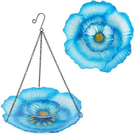 Hängande fågelbad utomhus glas 12 tum fågelbad fågelmatare skål dubbla lager blå blomma trädgårdsdekoration