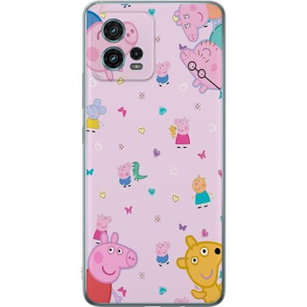 Kompatibelt Mobildeksel til Motorola Moto G72 Peppa Gris med en baby i armene, mamma gris motiv i fargerik og myk barneillustrasjon med hjerter