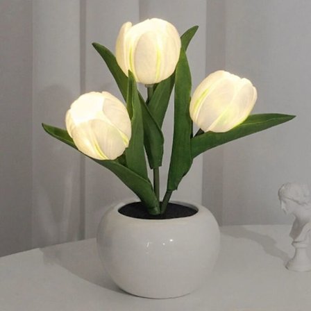 LED-tulipan nattlampe med keramisk vase, LED-simulering tulipan LED-bordlamper, tulipanlampe, dekorativ skrivebordslampe