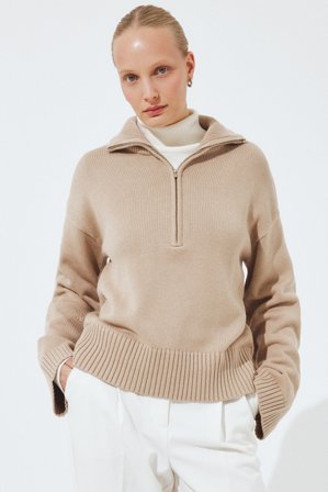 NA-KD High Neck Zipped Knitted Sweater - Oversize trøjer - Beige - L (EU 42-44)