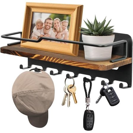 Vägghållare för nycklar med flytande hylla och 7 krokar, svart