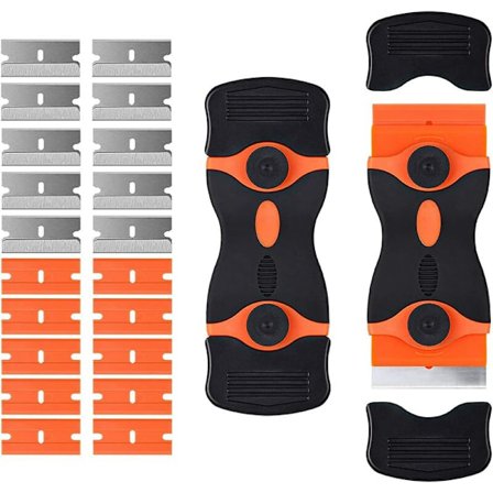 Glas- och klistermärkeskrapa, inklusive 20 utbytbara blad, multifunktionsrengöringsskrapa för att ta bort etiketter, dekaler, klistermärken, tätning 