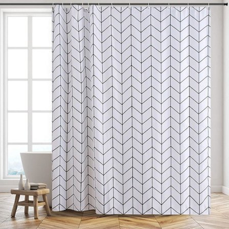 Skimmelbestandigt og vandtæt bruseforhæng i vaskbar polyester, hvidt sildebensmønster, til badekar, badeværelse, lang 200x180cm