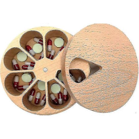 Daglig Pilleæske Massivt Træ, Bærbar 7 Dages Pilleæske Rund, 7 Dages Medicinæske Pilleorganisator Med Låg, Bakke 7 Dages Mini Pilleæske Til Vitamin 