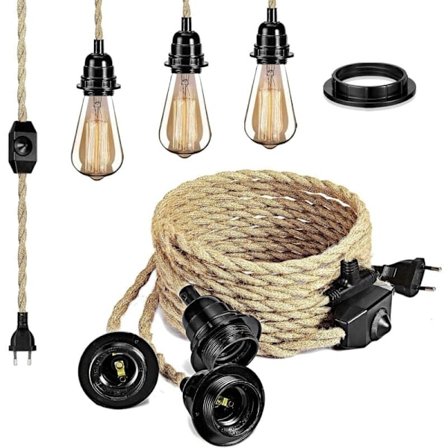 6,8M 2-leder linned elektrisk kabel med E26/E27 fatning (3 fatninger) og dæmpbar kontakt til gør-det-selv lampe (ingen pære)