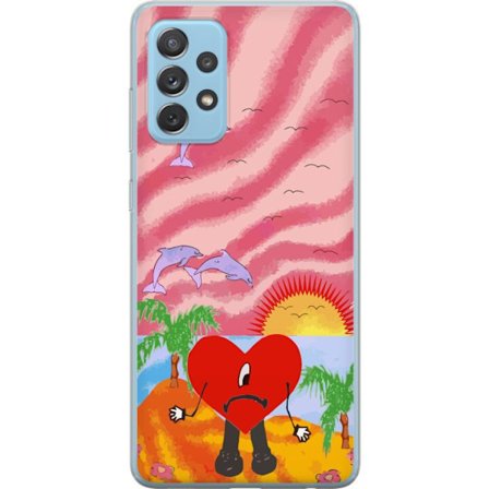 Kompatibelt Mobildeksel til Samsung Galaxy A72 5G Bad Bunny i en fargerik quiltet jakke med hjertemønster og solbriller i moderne gatestil