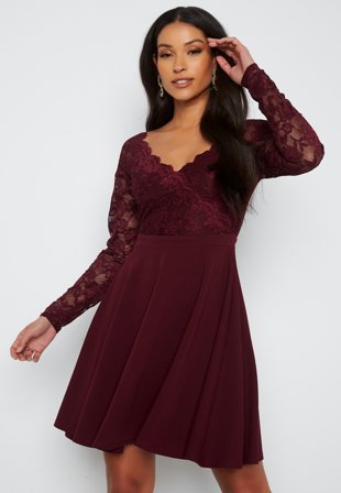 Goddiva Long Sleeve Lace Skater Dress Dark Wine Klær