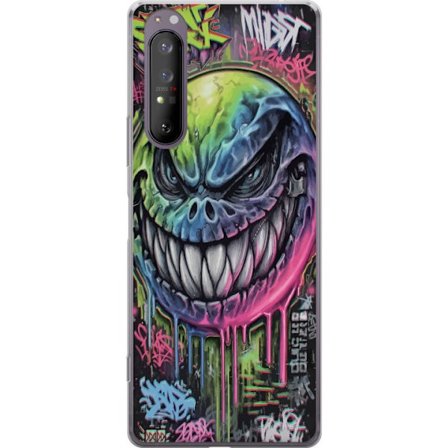 Kompatibelt Mobildeksel til Sony Xperia 1 II Fargerik graffitiillustrasjon av et ondskapsfullt smilende monsteransikt med dryppende neonfarge