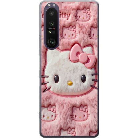 Kompatibel Mobilcover til Sony Xperia 1 III Hello Kitty lyserød fluffy baggrund med ikonisk ansigt og kawaii-æstetik