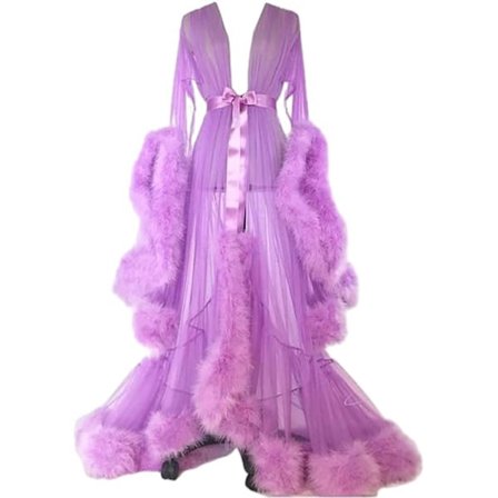 Sexig Fjäderkappa Lång Päls Tyll Morgonrock Badrock Nattlinne