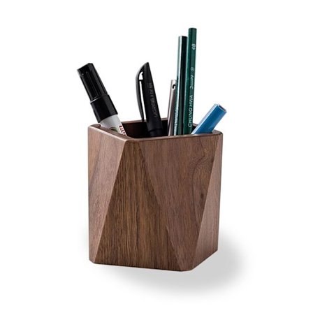 Penneholder i træ, stationær organizer, firkantet penneholder, sort valnøddetræ, håndarbejde, skrivebordsdekoration (brun)