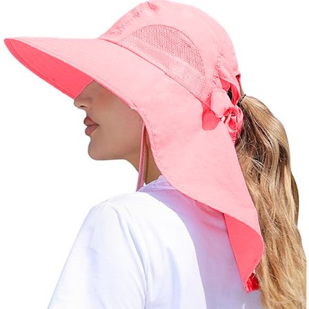 Dame solhatt UV-beskyttelse bred brem fiskehatt med hestehalehull nakkebeskyttelse Rosa