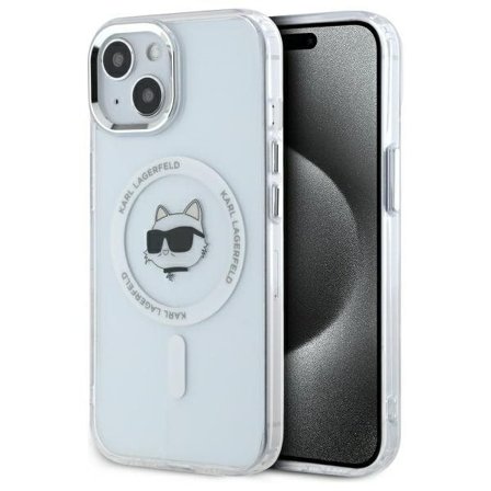 Karl Lagerfeld IML Metall Choupette Head MagSafe iPhone 15 Plus Fodral - Vit