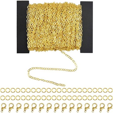 12m Chaine Bijoux Creation 2*3mm Stainless Steel Necklace Chain with 100 Jump Rings and 30 Lobster Clasps for Jewelry Making, Silver and Gold (Gold)