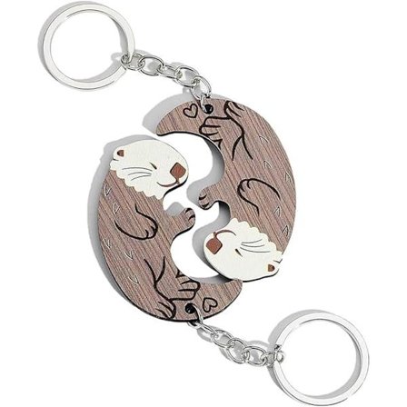 Nøglering til par, Odder Nøglering, Træ Nøglering med dyr, Sød Nøglering, Puslespilsvedhæng til Jul, Fødselsdag, Brun,