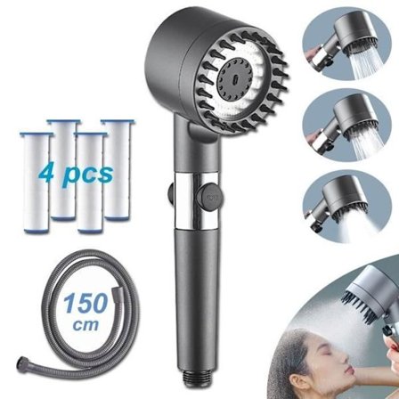 (Sølv) Højtryksbrusehoved med massagejet og filter, 3-trins spraymønster - med 4 filtre og 150 cm bruseslange