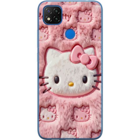 Kompatibelt Mobildeksel til Xiaomi Redmi 9C NFC Hello Kitty rosa fluffy bakgrunn med ikoniskt ansikt og kawaii-estetikk