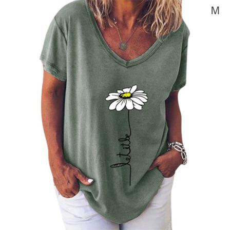 Kvinnor T-shirt V-hals Blomma Utskrift Top Kortärmad Lös