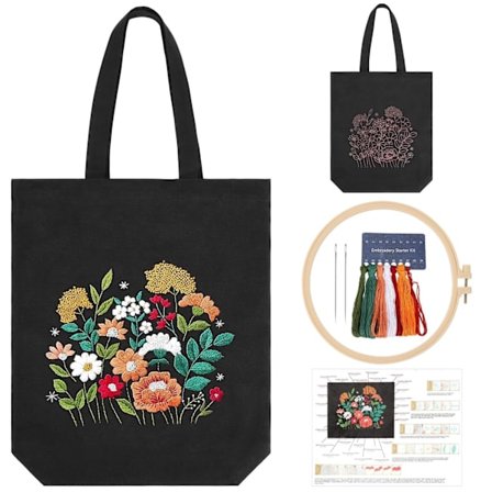 Canvas Tote Taske Broderikit med Blomstermønster, Kunst og DIY Voksne Korssting Håndværkssæt, Sort