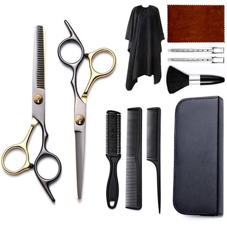 Professionellt set med hårklippningssaxar, kam och stylingverktyg för frisering, salong och hemmabruk (Färg: Svart/Guld)