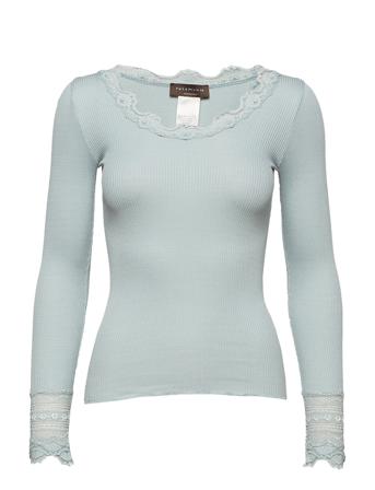 Silk T-Shirt W/ Lace T-shirts & Tops Long-sleeved Blå Rosemunde