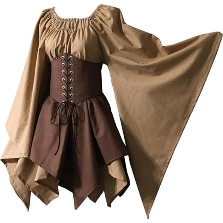 Traditionell irländsk klänning renässans medeltida kostym utsvängd ärm korsett Halloween viktoriansk kort klänning kahki XL
