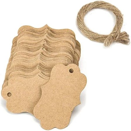 100 stk Kraftpapir Etiketter Gavemærker 3x5cm med Jutesnor til Bryllup